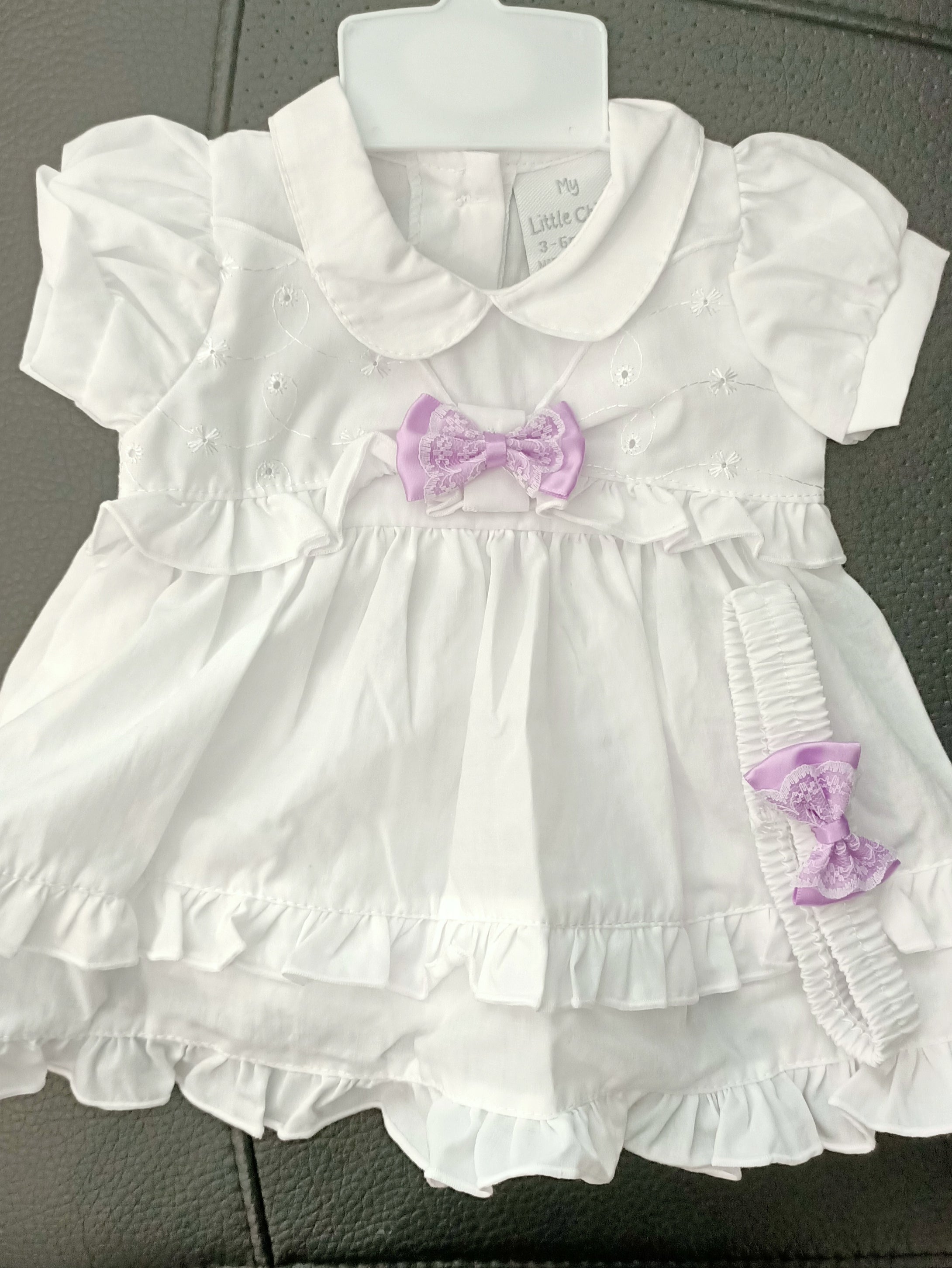 BABY DRESS SET (3 piece) size 3-6mths White Lilac bows