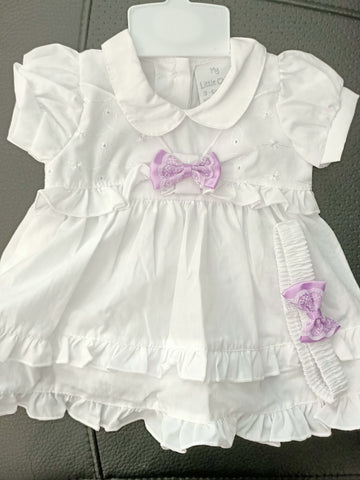 BABY DRESS SET (3 piece) size 3-6mths White Lilac bows 