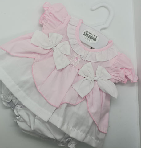BABY DRESS SET (2 piece) size Prem . Pink/White with 2 bows white bows 