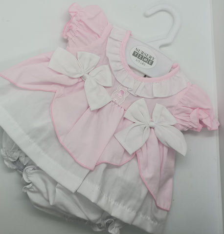 BABY DRESS SET (2 piece) size Small Newborn . Pink/White with 2 bows white bows 