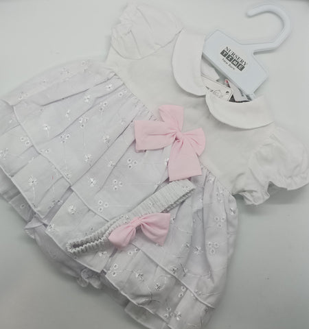 Dress. Size 0-3mth  3 peice set.  White Broderie Anglais Pink Bows 
