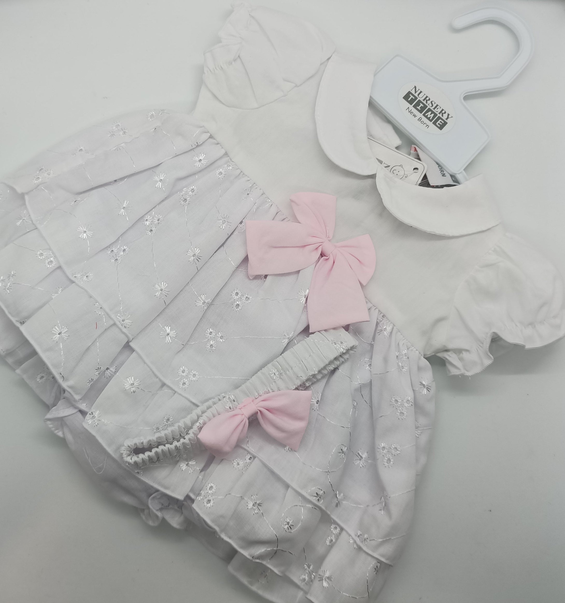 Dress. Size 3-6mth  3 peice set.  White Broderie Anglais Pink Bows