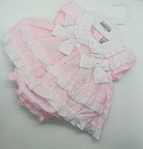 BABY DRESS SET (2 piece) size Small Newborn . Pink Broderie Anglaise white bows 