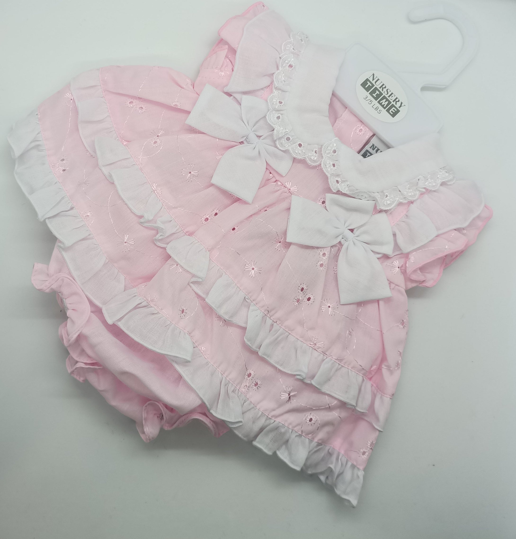 BABY DRESS SET (2 piece) size Prem . Pink Broderie Anglais white bows