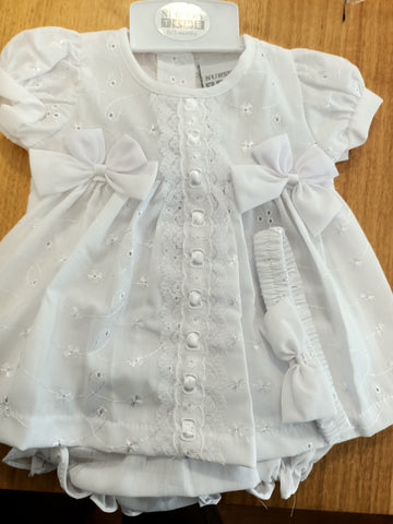 BABY DRESS SET (3 piece) size 3-6mths White Broderie Anglaise 