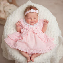 Load image into Gallery viewer, BABY DRESS SET (2 piece) size Tiny Newborn. Pink with bows
