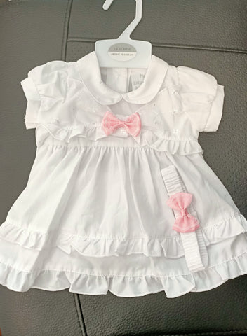 BABY DRESS SET (2 piece) size Newborn. White with pink bows 