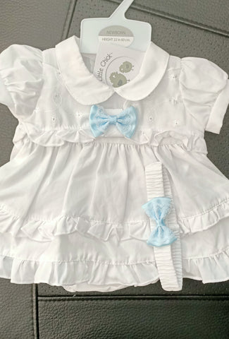 BABY DRESS SET (2 piece) size Newborn. White with Blue bows 