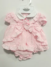 Load image into Gallery viewer, BABY DRESS SET (2 piece) size Tiny Newborn. Pink with bows
