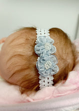 Load image into Gallery viewer, DOLL HEADBANDS for Prem and Newborn dolls  GREY FLOWERS
